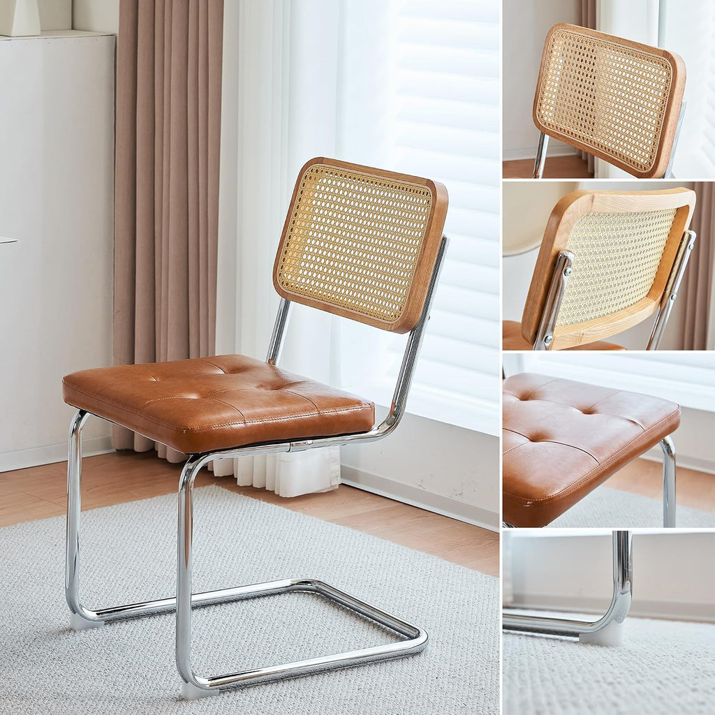Cantilever Dining Chair, Single Modern Armless Chair with Chrome Steel Frame, PU Leather Seat and Rattan Backrest, 17.7" Seat Height Kitchen & Dining Room Chair (Brown, Set of 2)
