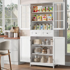 BOTLOG 71" Tall Kitchen Pantry Storage Cabinet, Pantry Cabinet with Drawers and Glass Doors, Freestanding Kitchen Cupboard for Dining Room, Laundry, White