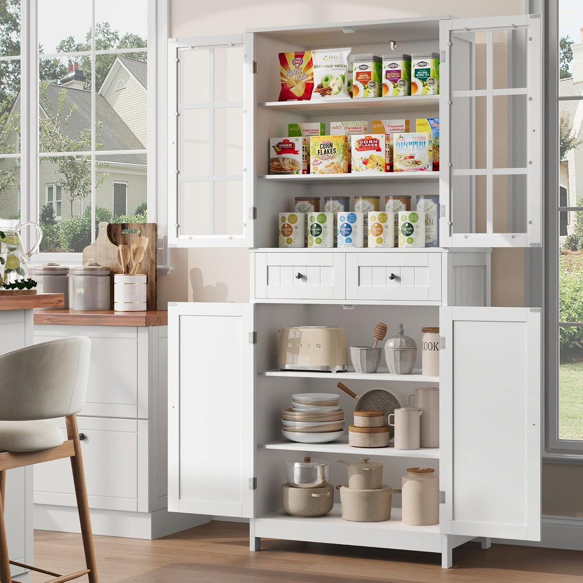 BOTLOG 71" Tall Kitchen Pantry Storage Cabinet, Pantry Cabinet with Drawers and Glass Doors, Freestanding Kitchen Cupboard for Dining Room, Laundry, White