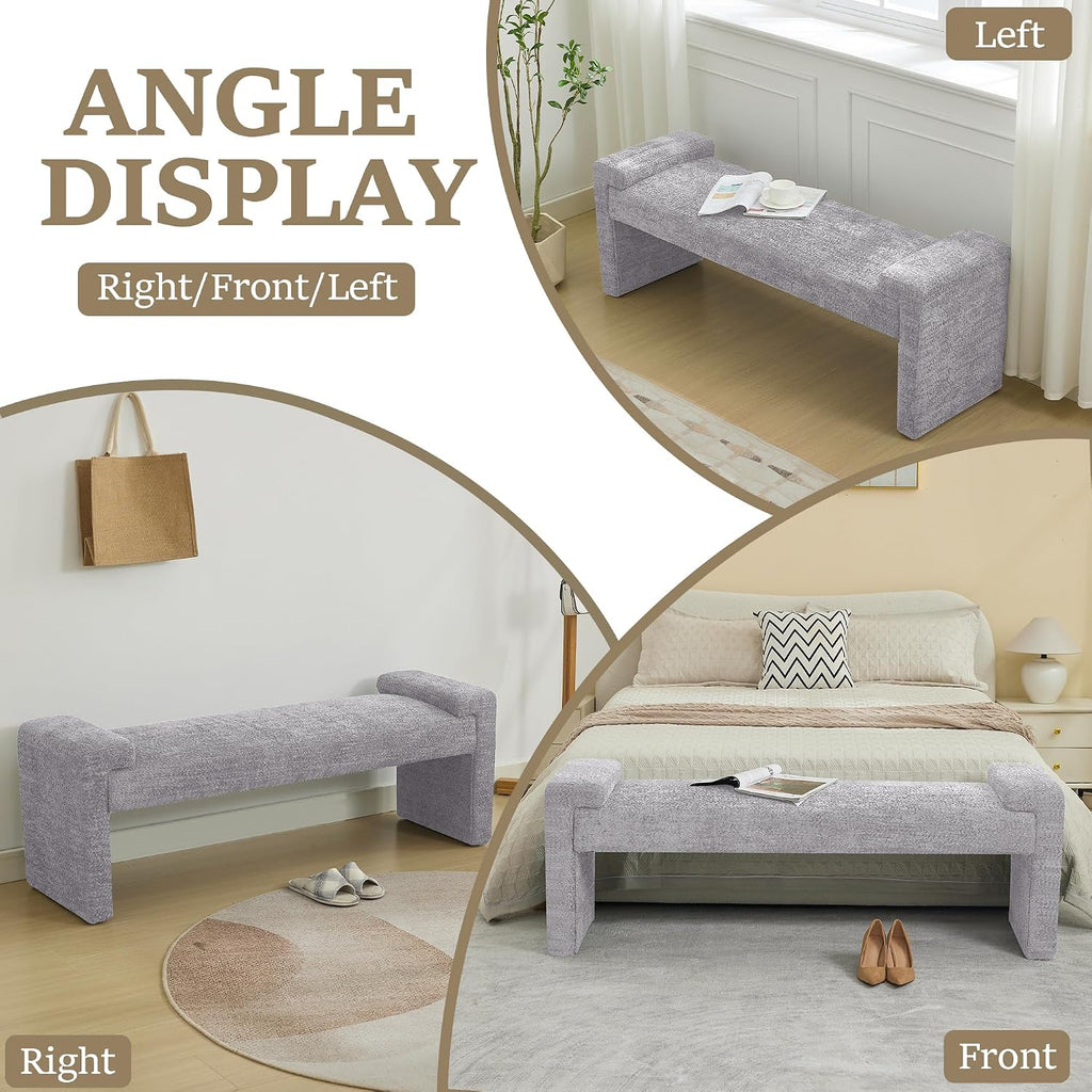 WUTUTUEE 58.7" End of Bed Bench Upholstered Modern Bedroom Bench for Living Room & Entryway, Easy Assembly, Footrest Ottoman Accent Window Bench with Solid Wood Frame & Curved Arm, Grey