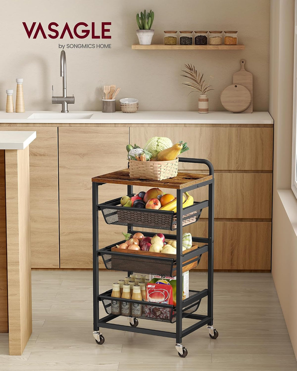 VASAGLE 4-Tier Storage Rolling Cart Organizer with Pull-Out Baskets | Utility Cart with Wheels, Handle, 12.5 x 15.8 x 29.9 Inches, Rustic Brown and Matte Black, DACEY Collection ULRC040K01