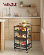 VASAGLE 4-Tier Storage Rolling Cart Organizer with Pull-Out Baskets | Utility Cart with Wheels, Handle, 12.5 x 15.8 x 29.9 Inches, Rustic Brown and Matte Black, DACEY Collection ULRC040K01
