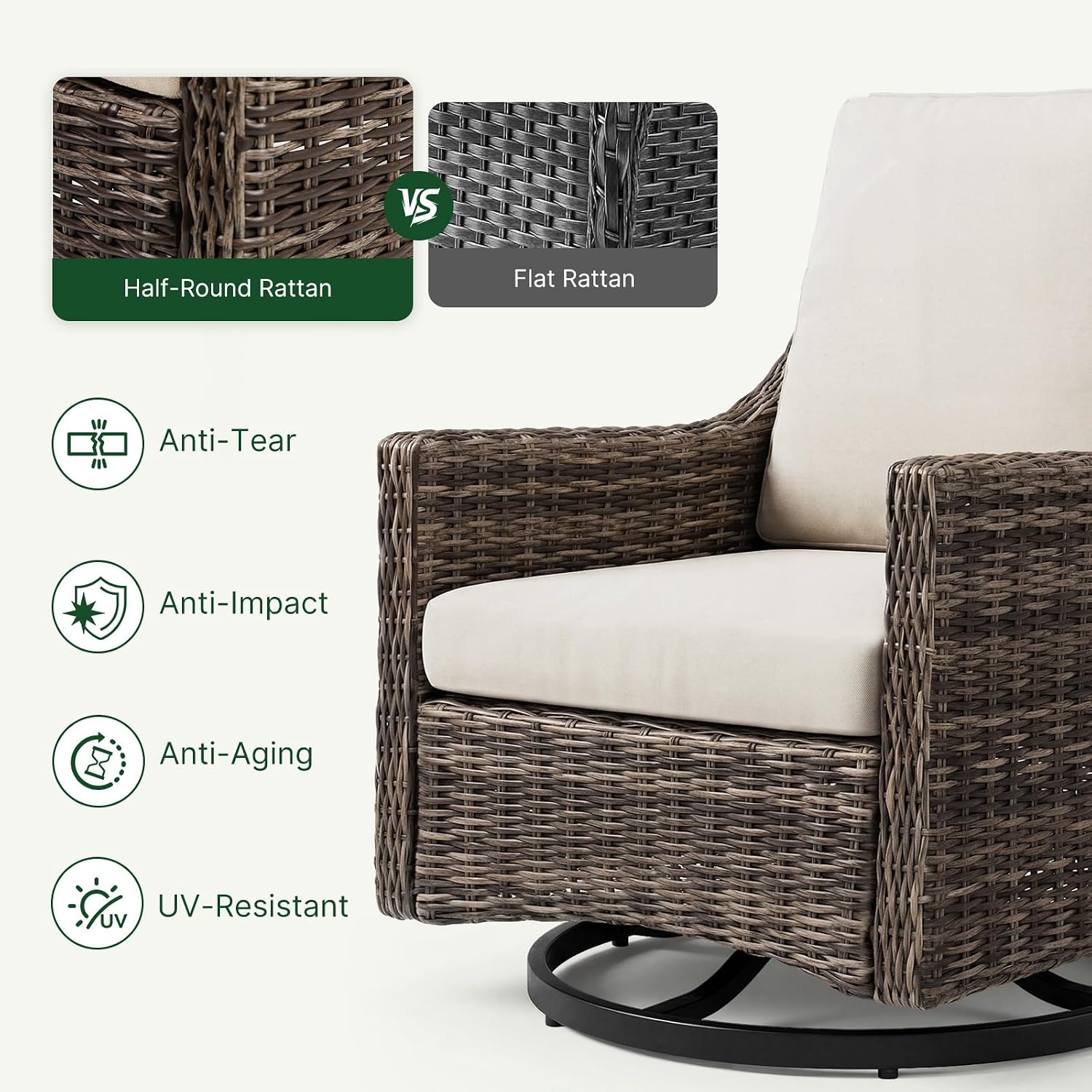 Outdoor Swivel Rocker Patio Chair with Premium Cushion, High Back Wicker Patio Swing Glider for Deck, Porch, Patio and Poolside (Beige, 1 Pcs - Swivel Glider)