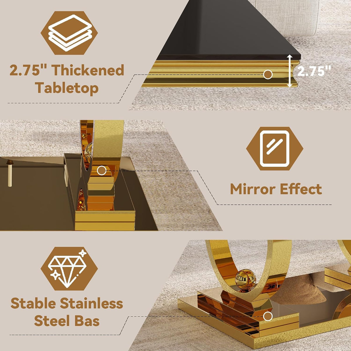 Coffee Table Set of 3, Coffee Table and 2 End Table, Gold/Black | Modern Living Room Table Set of 3, Tempered Glass Top, Stainless Steel Base with Mirror Finish, Easy to Clean & Assembly