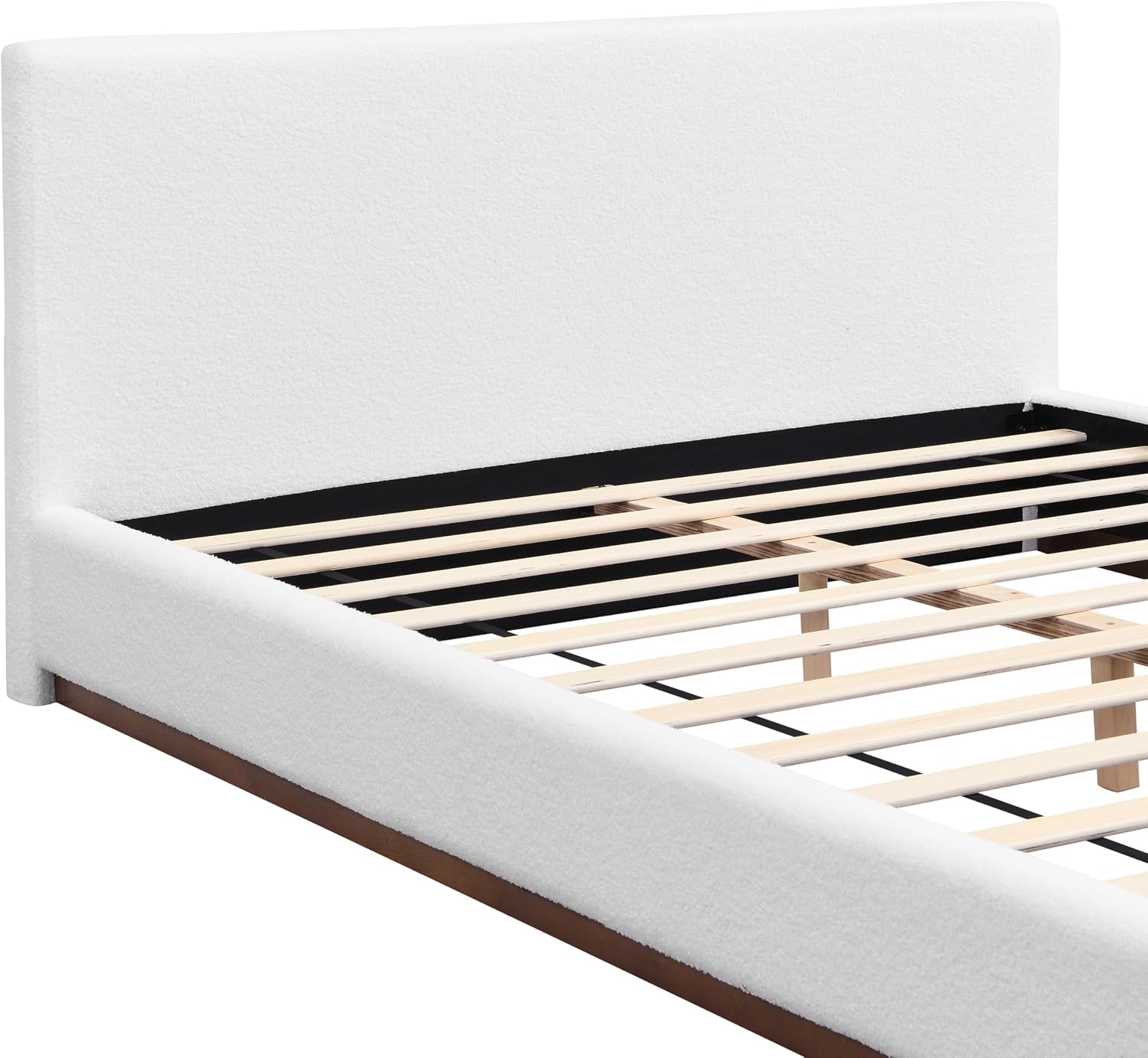 Christopher Knight Home Bettine Modern Boucle Queen Size Bed Frame with Headboard, Solid Wood Queen Bed Frame, Slat Panel Support Platform Bed, No Spring Box Needed, Heavy Duty, White+Brown