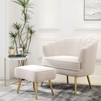 Andeworld Velvet Accent Chair with Ottoman, Barrel Armchair, Beige | Velvet Upholstery Side Chair, Includes Ottoman, Golden Metal Legs, 350 Lb Capacity, Living Room Bedroom Office