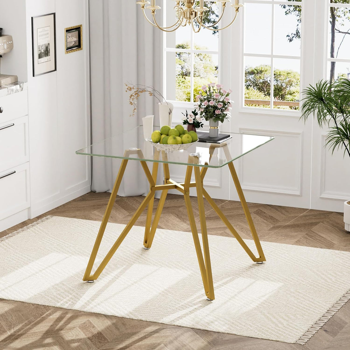 KEIKI 35.4-inch Square Tempered Glass Dining Table, Suitable for 2-4 People, Space-saving Small Kitchen Dining table, Equipped with Sturdy Metal Table Legs, Suitable for Dining Room, Living Room, Gold