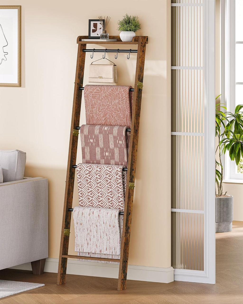 Hzuaneri Blanket Ladder Shelf, Decorative Quilt Rack, 7-Tier Farmhouse Ladder Holder Organizer with 4 Removable Hooks 7.9" D x 17.3" W x 66.9" H, Rustic Brown BR36801B