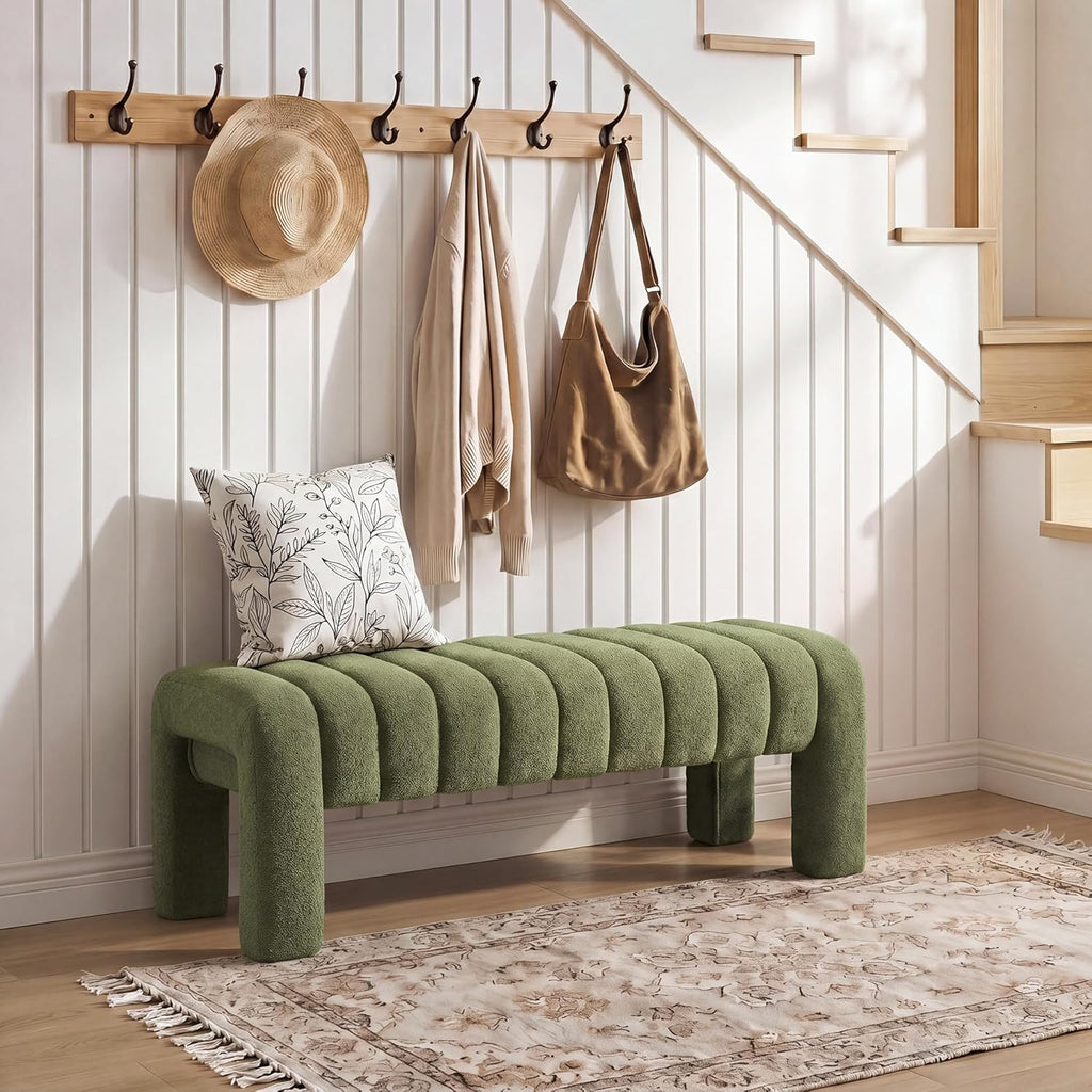 43’’ Bedroom Bench, Upholstered End of Bed Bench with Solid Wood Legs, Modern Small Dining Bench with Full Covered Fabrics for Entryway, Bedroom, Living Room (Green, Boucle)