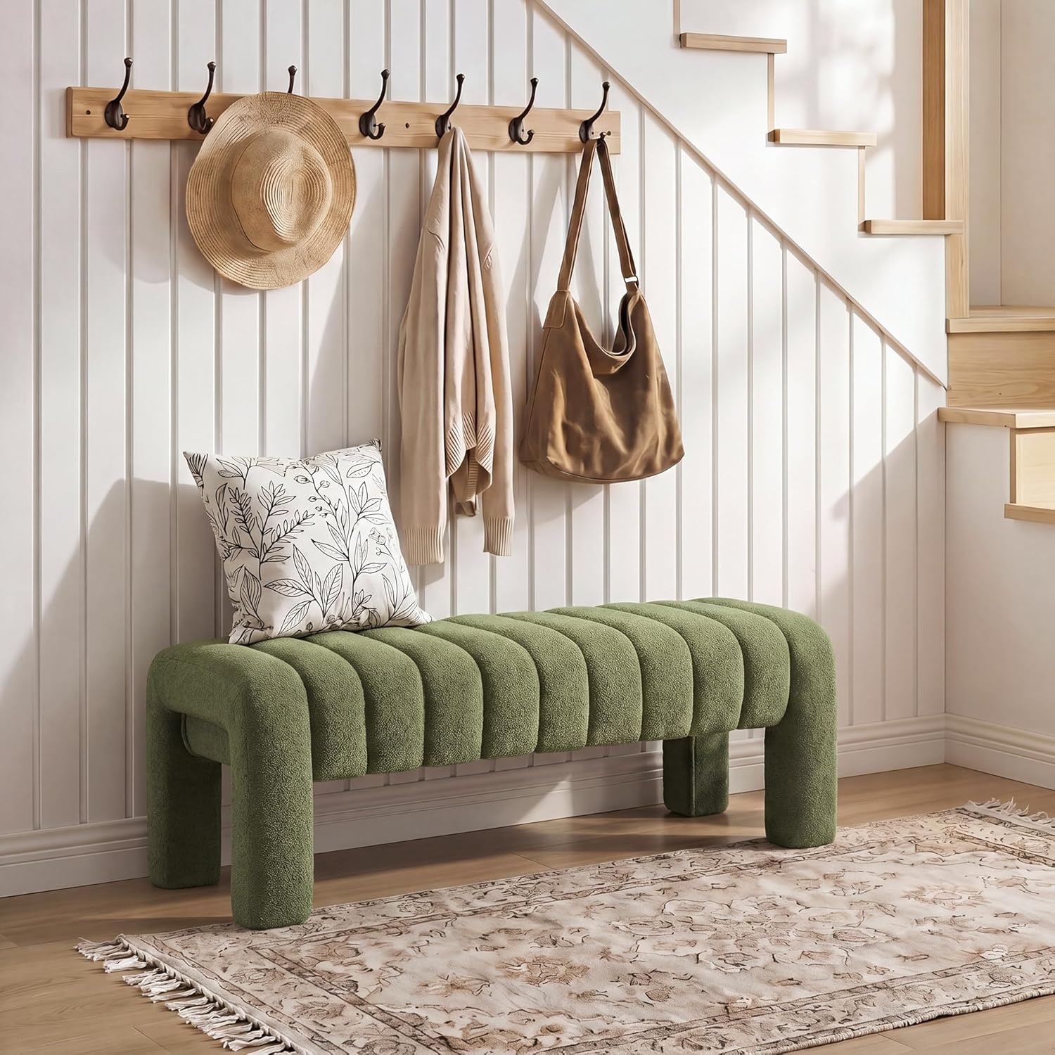 43’’ Bedroom Bench, Upholstered End of Bed Bench with Solid Wood Legs, Modern Small Dining Bench with Full Covered Fabrics for Entryway, Bedroom, Living Room (Green, Boucle)