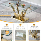 70" Modern Glass Dining Table for 6-8, Luxury Gold Glass Dining Room Table with Mirrored Floral-Shape Stainless Steel Base, Rectangle Kitchen Dinner Tables for Dining Room Kitchen