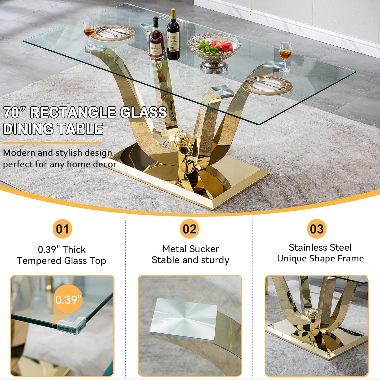 70" Modern Glass Dining Table for 6-8, Luxury Gold Glass Dining Room Table with Mirrored Floral-Shape Stainless Steel Base, Rectangle Kitchen Dinner Tables for Dining Room Kitchen