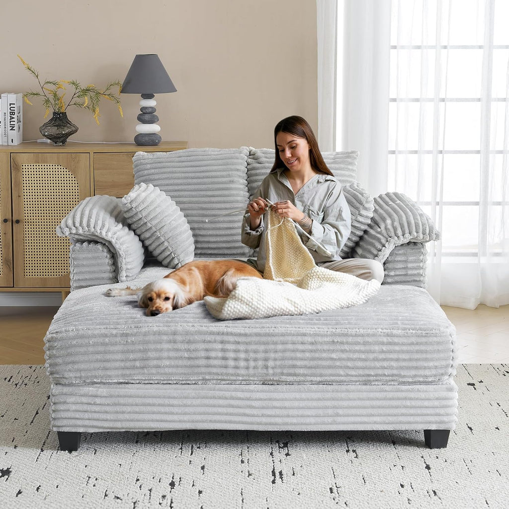 VINGLI 56" Oversized Chaise Lounge Chair, Light Grey Comfy Corduroy Chaise Sofa Recliner Bed Upholstered Sleeper Couch Bed with Throw Pillows and Armrests for Living Room, Movie Room, Bedroom