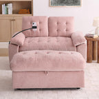 Chaise Lounge Chair Indoor with Storage Ottoman, Comfy Chenille Tufted Loveseat Sofa Chair with USB & Phone Holder, Upholstered Adjustable Backrest Lounge Sofa Chair for Living Room, Bedroom, Pink