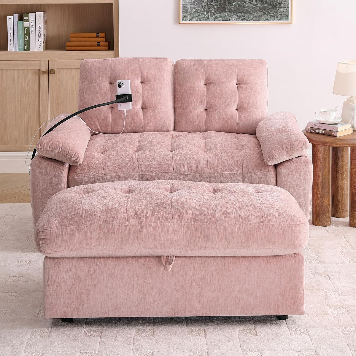 Chaise Lounge Chair Indoor with Storage Ottoman, Comfy Chenille Tufted Loveseat Sofa Chair with USB & Phone Holder, Upholstered Adjustable Backrest Lounge Sofa Chair for Living Room, Bedroom, Pink