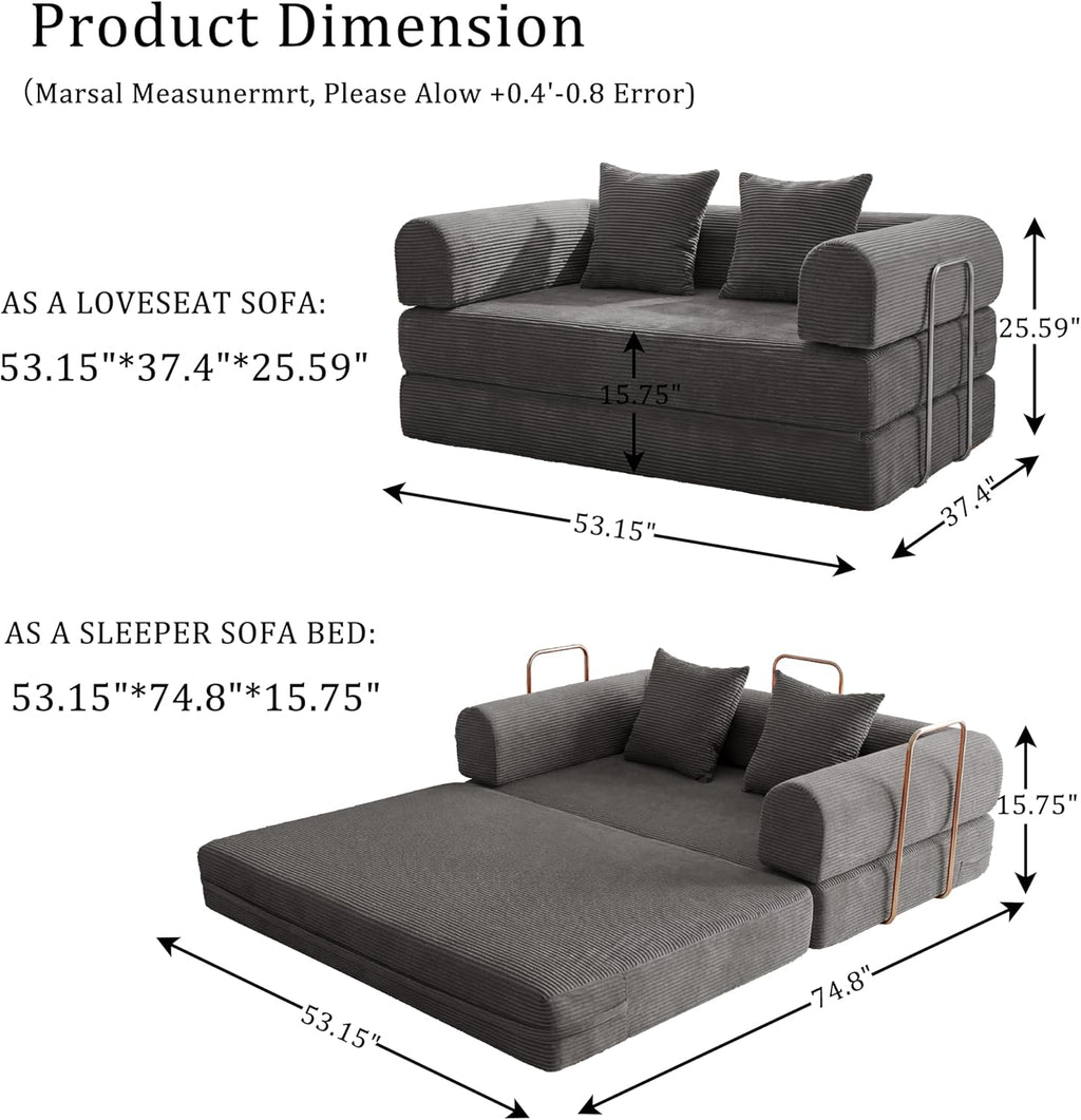 Futon Sofa Bed Modular Loveseat Sleeper Folding Pull Out Couch with Pillows, No Assembly Required Couch for Living Room Bedroom Guest Room (Grey, 53.15" Loveseat Sofa)