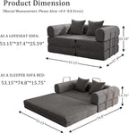 Futon Sofa Bed Modular Loveseat Sleeper Folding Pull Out Couch with Pillows, No Assembly Required Couch for Living Room Bedroom Guest Room (Grey, 53.15" Loveseat Sofa)