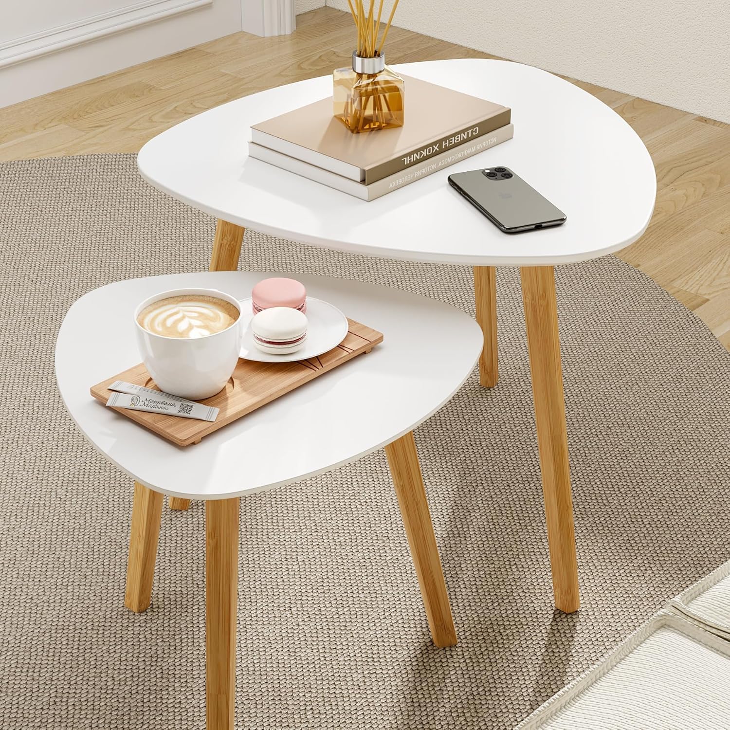 BAMEOS Bamboo Nesting Triangle End Table,Set of 2 Side Table Modern Minimalist Coffee Table for Living Room, Balcony in White
