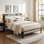 LIKIMIO Queen Bed Frame with Storage Headboard and Charging Station
