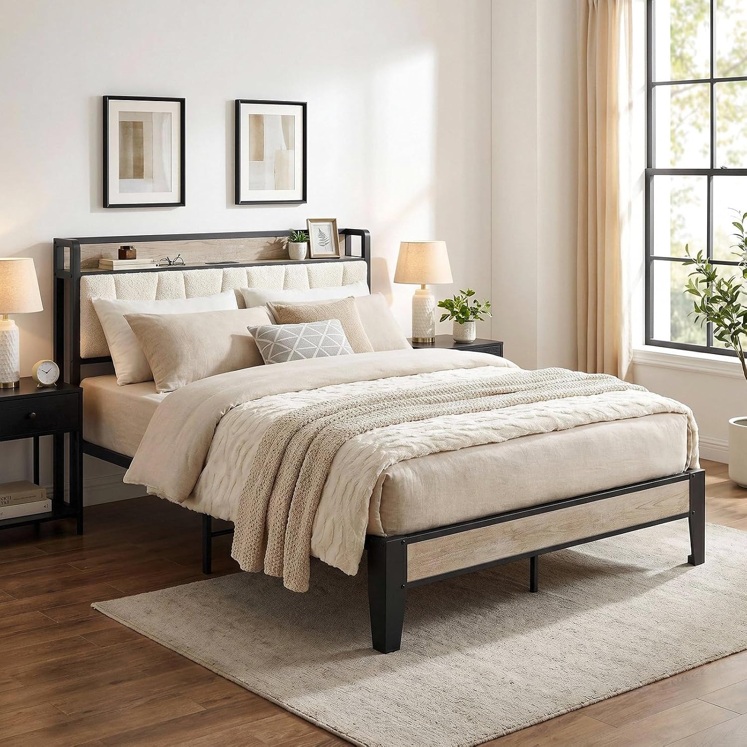 LIKIMIO Queen Bed Frame with Storage Headboard and Charging Station