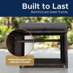 Outdoor Storage Ottoman (Set of 2) - All-Weather Wicker Patio Footstool with Washable Cushions - Sturdy Rattan Foot Rest & Hidden Box for Deck, Porch, Backyard & Balcony
