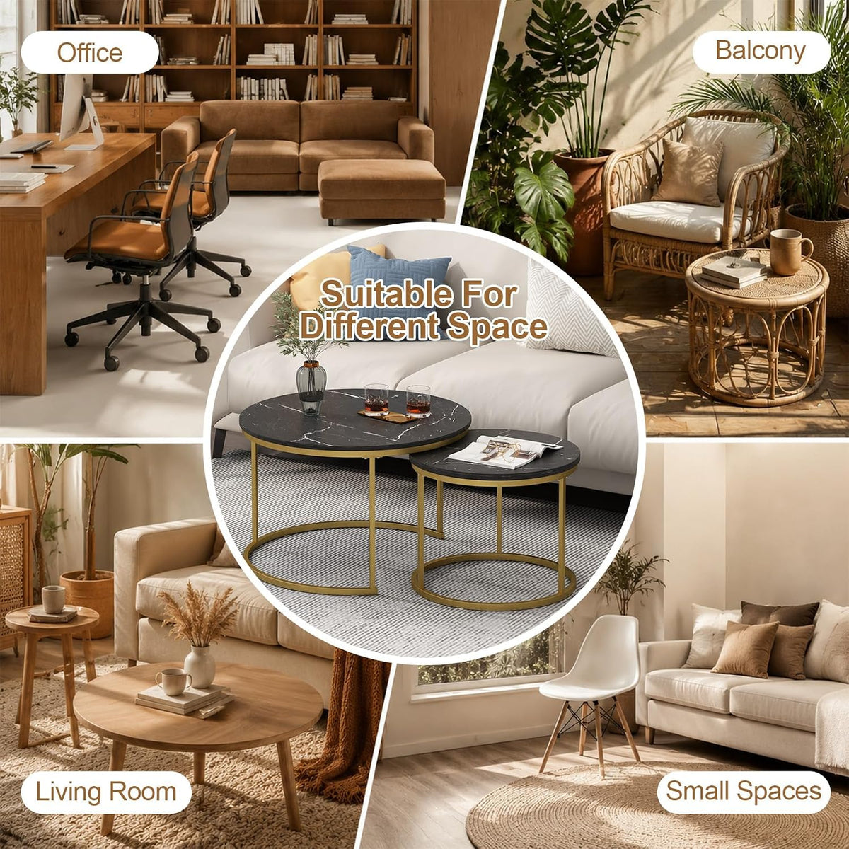 Nesting Coffee Table Set of 2, Wooden Marble Top (Black+Gold) | Nesting Tables, Sturdy Metal Frame, 120 LBS Capacity, Fits for Living Room, Bedroom, Easy Assembly
