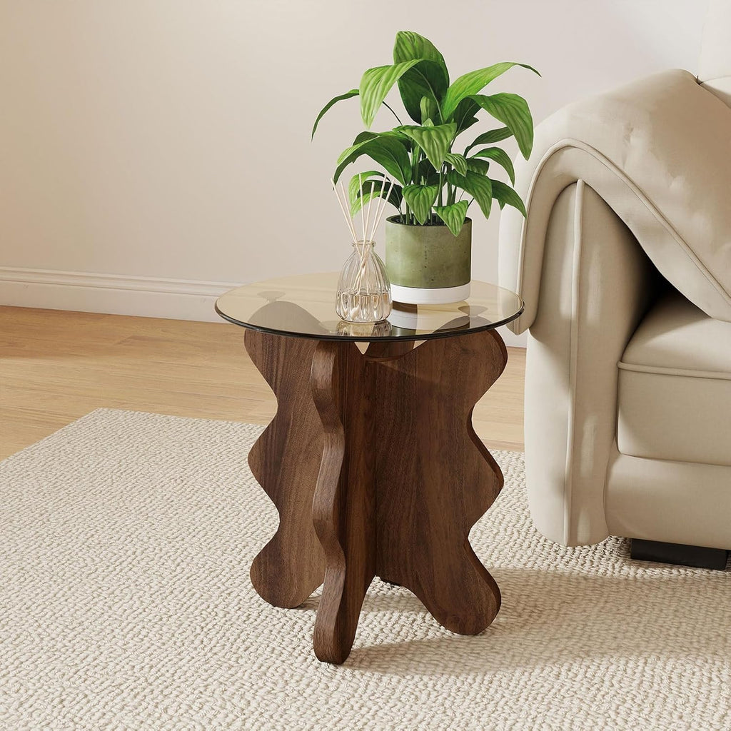 MDF Frame Side Table with Brown Tempered Glass Top, Mortise and Tenon Joint Design, No Screw Easy Assembly, Sturdy End Table for Living Room, Bedroom (Seaweed-Brown)