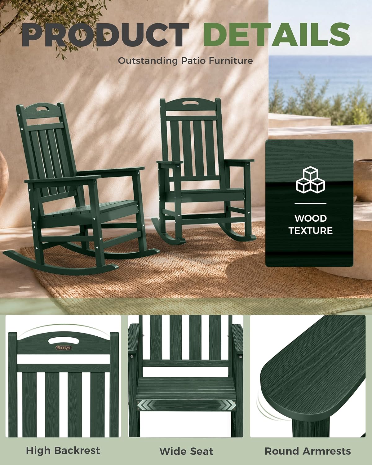 Oversized Outdoor Rocking Chair, High Back Porch Rocker Chair, HDPE All Weather Resistant Rocking Chairs for Patio, 380lbs Weight Capacity, Green