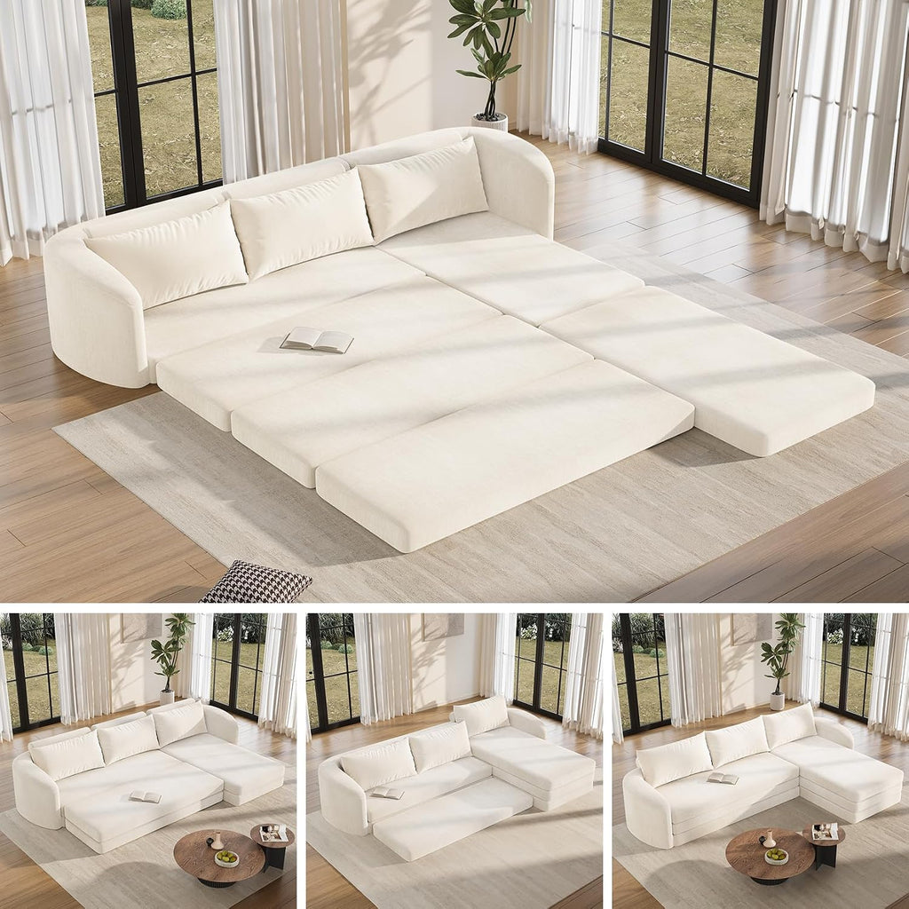 Vesgantti 6 in 1 Convertible Folding Sleeper Sofa Bed, No Assembly, Beige | 110.2" L Shaped Modular Sectional Sofa, Curved Armrest, Deep Seat Couches for Living Room, Chenille, Right Facing