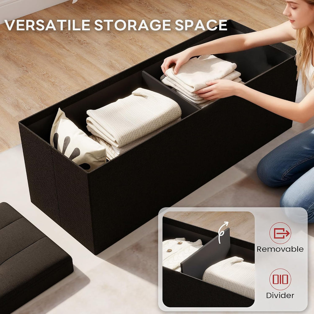 Ottoman with Storage,Black | Folding Storage Ottoman Bench for Living Room and Bedroom,Rectangle Foot Rest Stools Holds up to 660 lbs