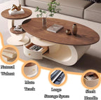 Modern Coffee Table Set, Oval Nesting Center Table with Drawer Storage | Stylish curved design, convenient access, stable structure, creates a tidy and comfortable home space(Marble-A,130CM/25.59IN)