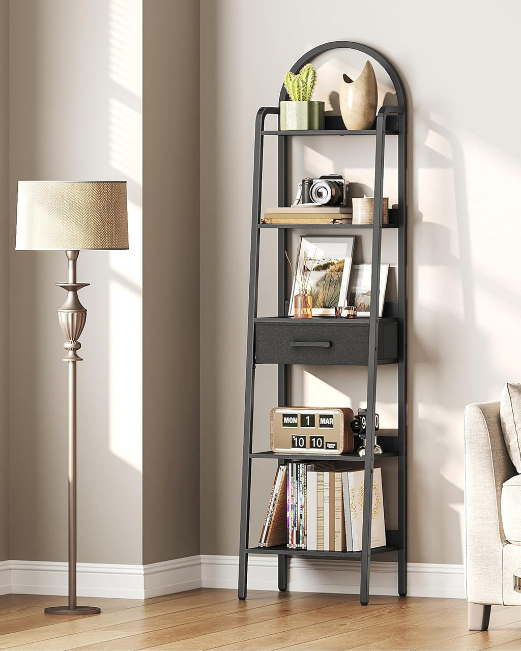 CHOEZON 5 Tier Ladder Shelf with Drawer, Tall Ladder Bookshelf, Standing Bookcase with Metal Frame for Living Room, Bathroom, Home Office, Study, Balcony, Black TCJ07BB