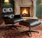 Mid Century Modern Top Grain Leather Chaise Lounge Chair & Ottoman | Modern Classic Recliner with Heavy Duty Base, Fixed Tilting for Living Room, Study, Lounge & Office, Palisander Black