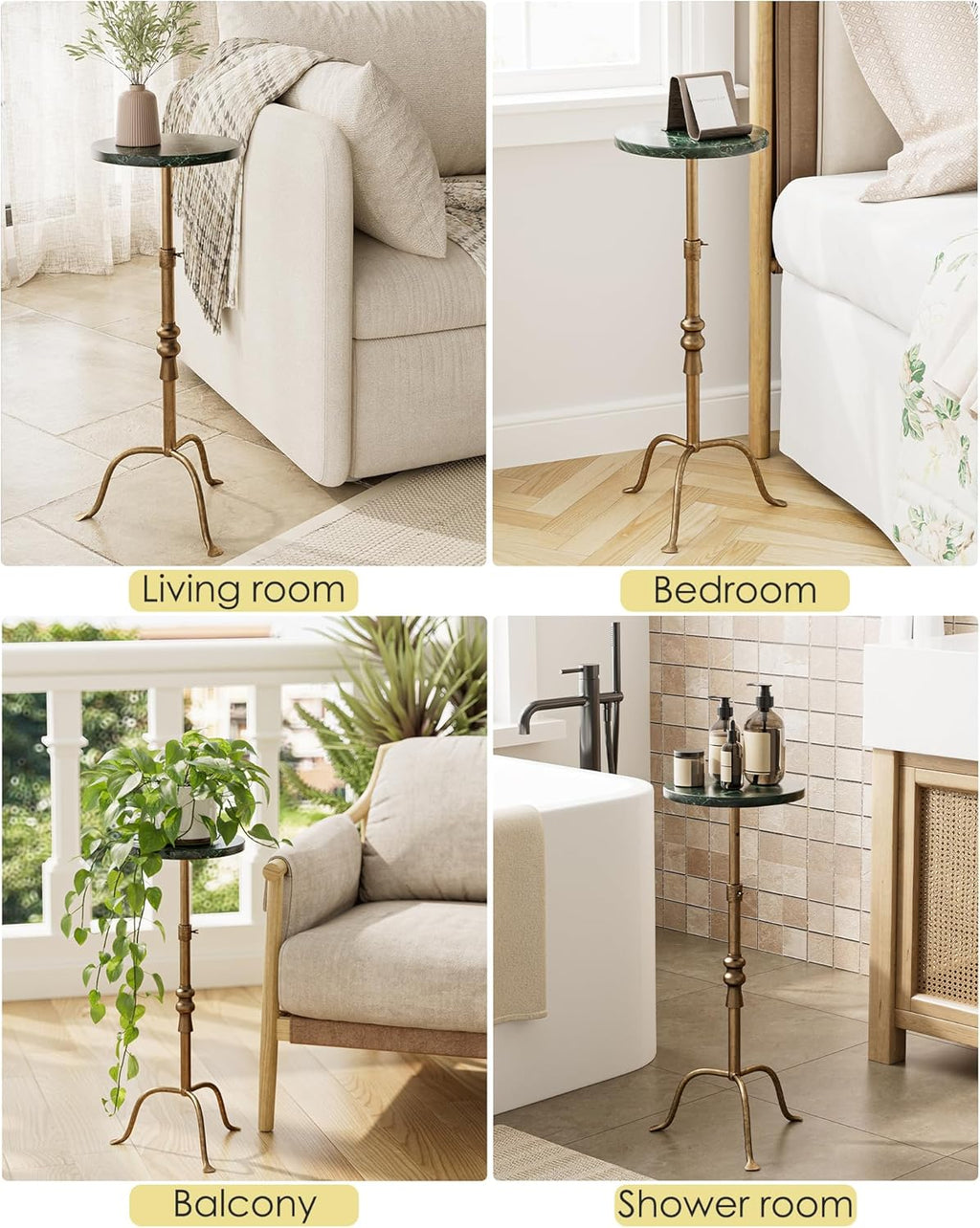 Adjustable Height Round Pedestal Table - 22-30 Inch, Modern Martini Cocktail End Table with Natural Travertine Top & Antique Brass Base for Small Spaces Living Room, Bedroom (Green Marble)