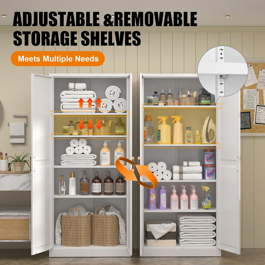71"Tall Metal Kitchen Pantry Storage Cabinet with Doors& 4 Shelves | White Pantry Cabinet, Utility Kitchen Cupboard, Large Food Storage Cabinets, Steel Locker for Dining, Office, Living Room