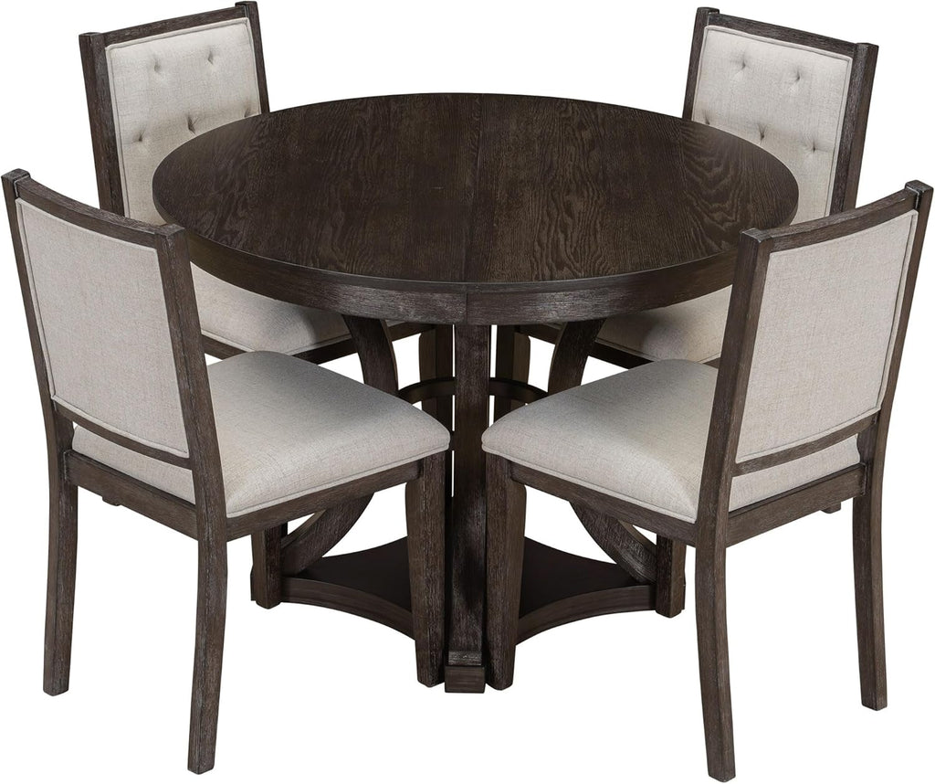 Bellemave Extendable Dining Table Set for 4, 5-Piece Retro Round Table Set with 4 Upholstered Chairs, Round Table with a 16" W Leaf, Oval Kitchen Table Set with Extendable Table (Espresso)