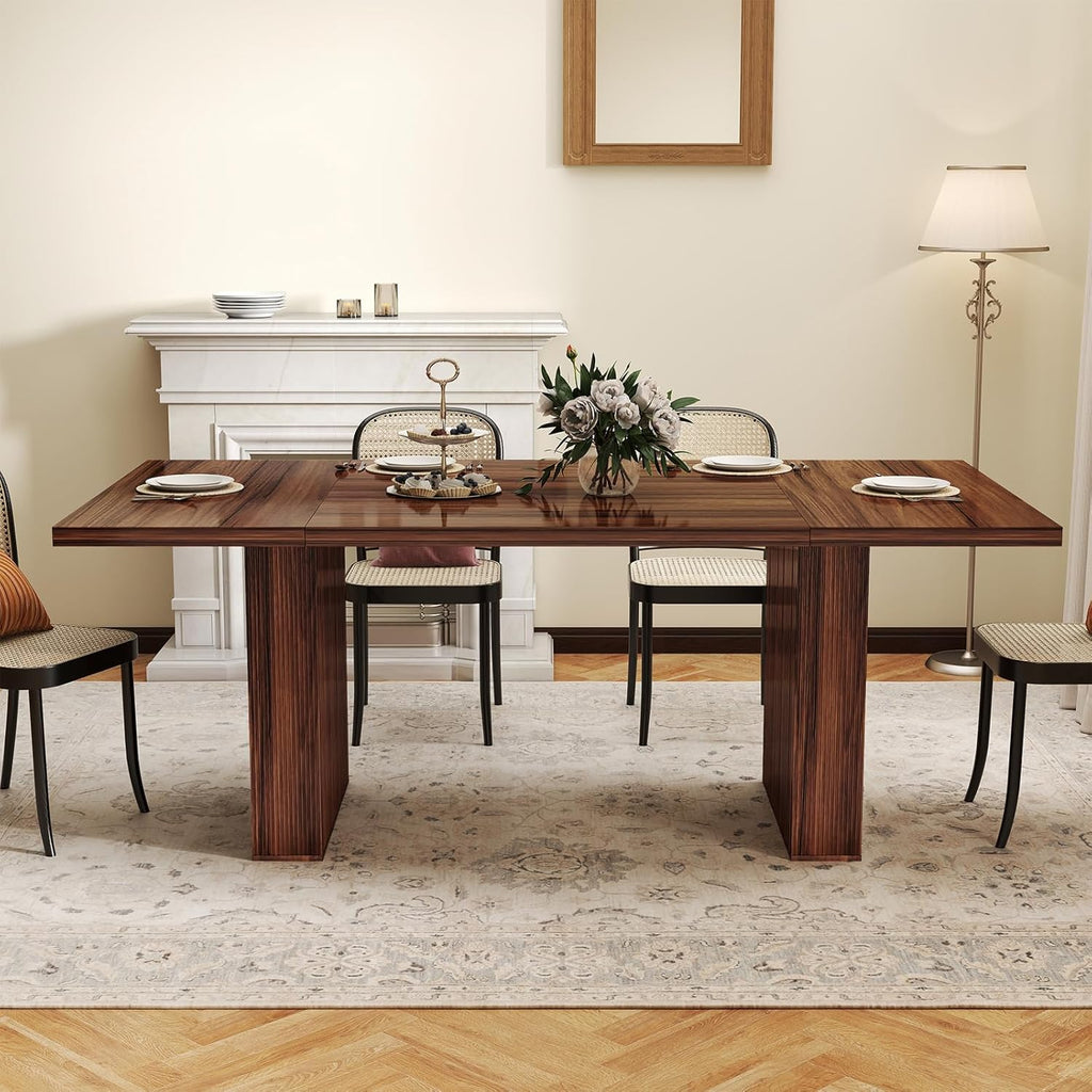 Miereirl 78 Inch Rectangular Dining Table for 6-8 People, Large Modern Farmhouse Kitchen Table with Grooved Wood-Strip Base, Perfect for Dining Room or Family Gathering, Walnut