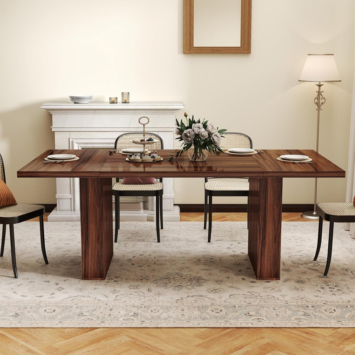 Miereirl 78 Inch Rectangular Dining Table for 6-8 People, Large Modern Farmhouse Kitchen Table with Grooved Wood-Strip Base, Perfect for Dining Room or Family Gathering, Walnut
