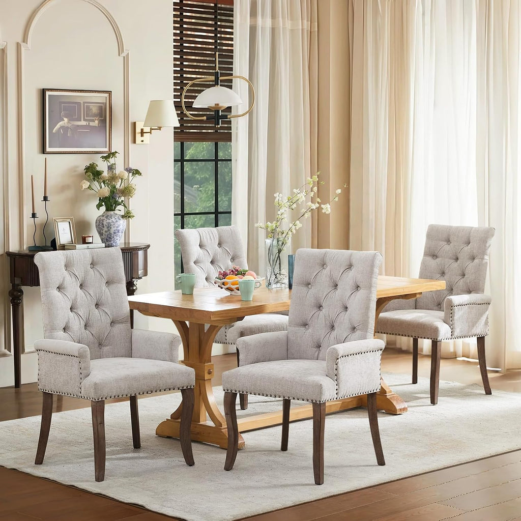 SoarFlash Chenille Dining Chairs Set of 4, Tall Back Side Chair，Modern Upholstered High-end Tufted Side Chair with Armrest, Solid Wood Leg, Beige
