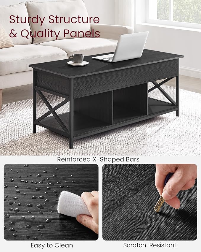 VASAGLE Lift Top Coffee Table, Lift Coffee Table with Storage Shelf, Hidden Compartments and Lifting Top, for Living Room, Office, 19.7 x 47.2 x (19.3-24.4) Inches, Black with Wood Grain ULCT212B22