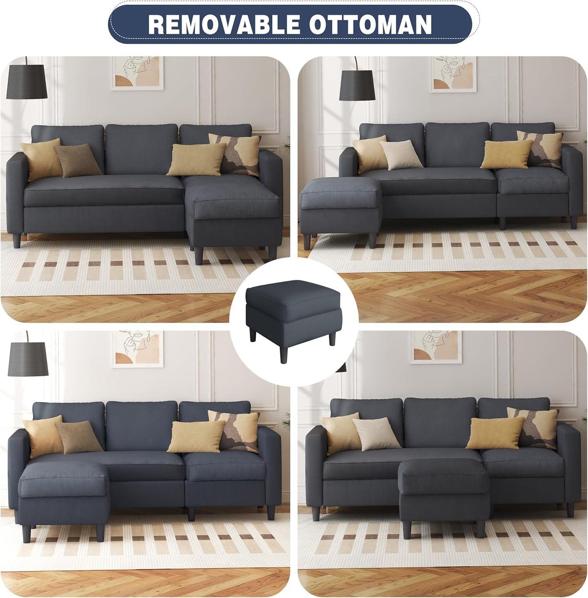 Shintenchi Small Convertible Sectional Couch with Movable Ottoman, 3 Seat L Shaped Sofa with Corduroy, Upholstered Sectional Sofa, Small Couches for Living Room, Apartments, Office (Dark Grey)