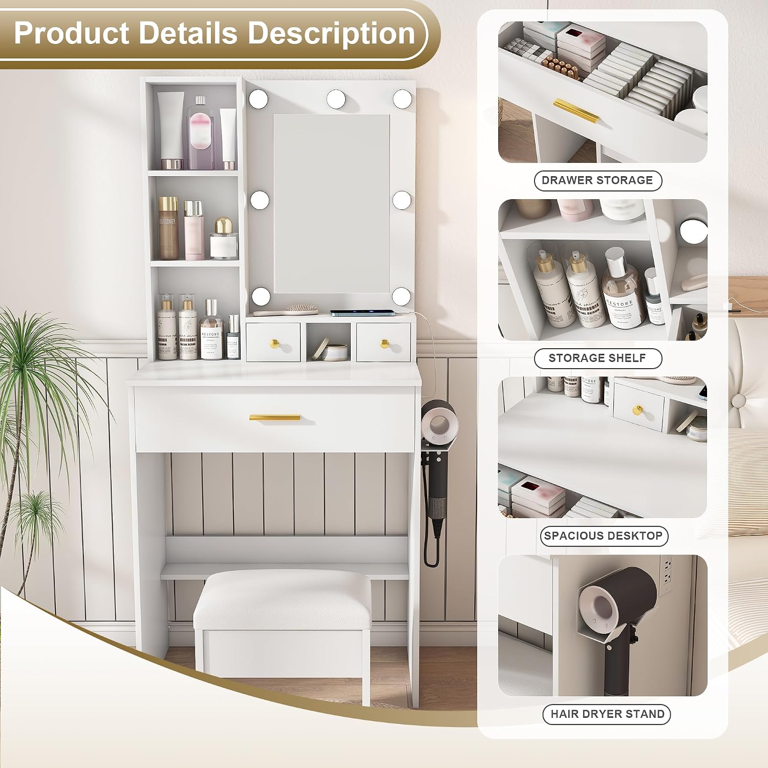 Vanity Table Set Adjustable White Modern Contemporary for Bedroom Furniture