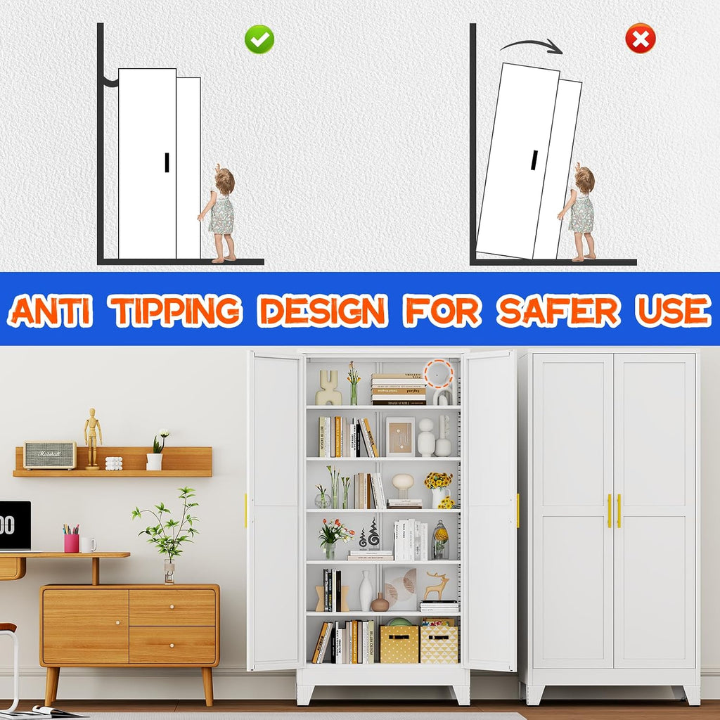 GAIOUS 75.2" Tall Metal Storage Cabinet with 2 Doors & 5 Adjustable Shelves | New upgrade Kitchen Pantry Cabinet, White Freestanding Cupboard, 6 Tier Steel Storage for Office, Kitchen, Dining, Garage