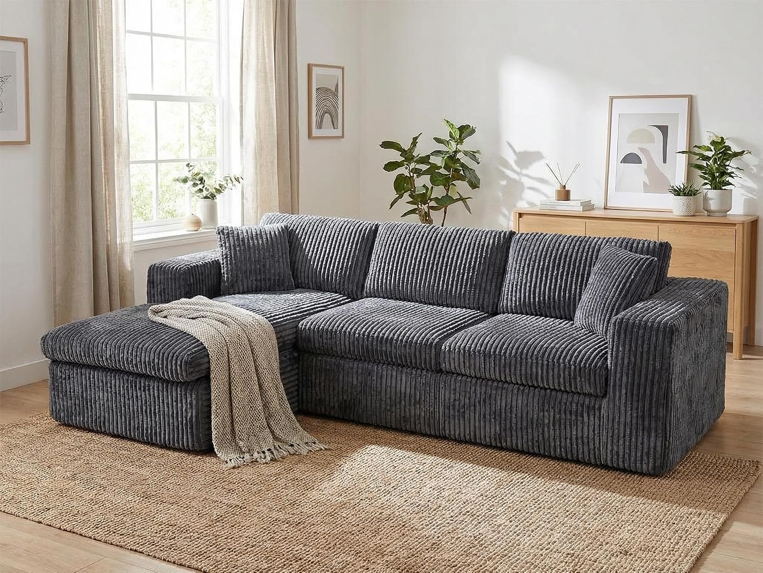 Vongrasig 105" Couches for Living Room,Sectional Couches Modular Sofa with L-Shaped Chaise, Memory Foam Comfy Cloud Couch with Plush Corduroy Fabric, No Assembly Required, (Dark Grey)