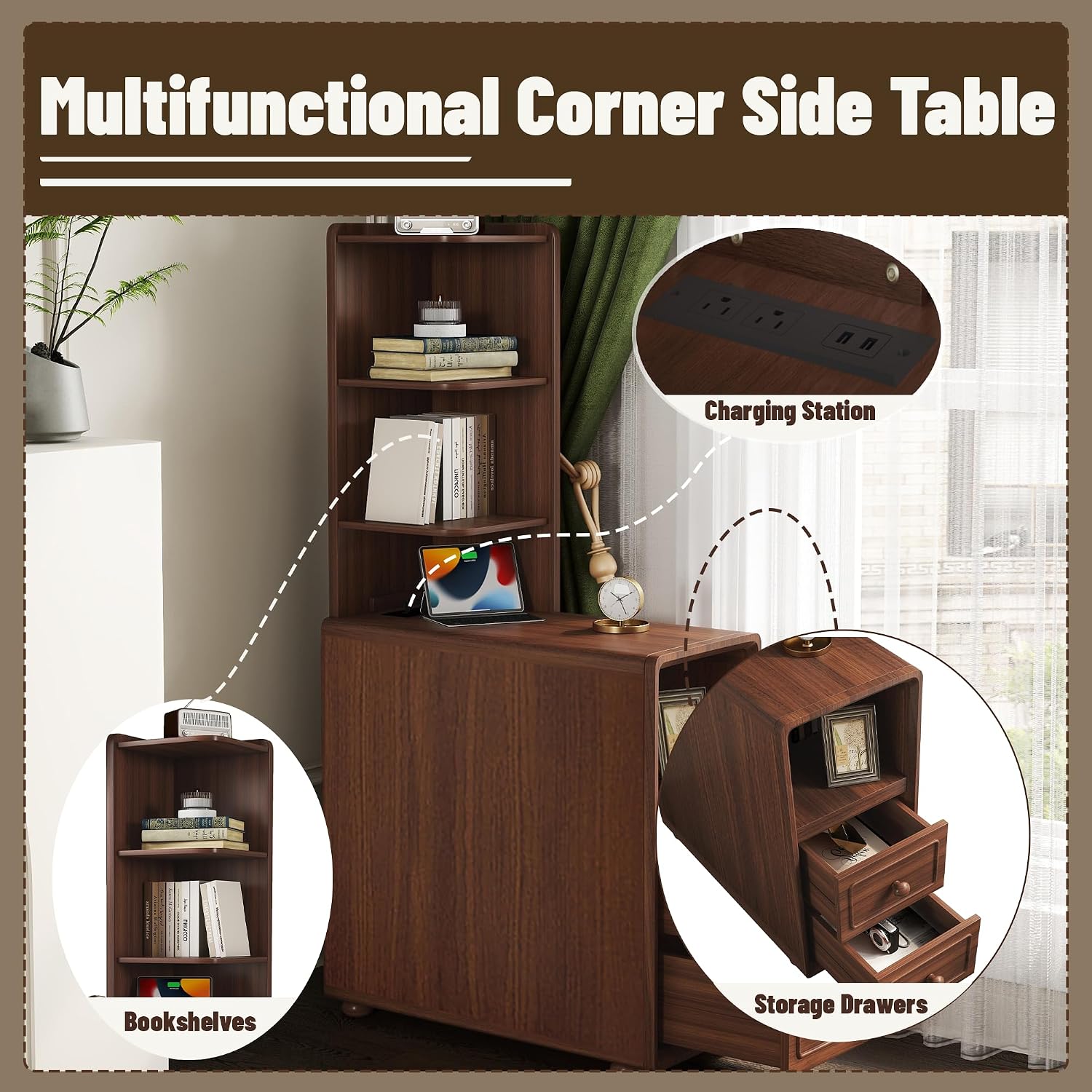 Tall Side Table Fully Assembled End Tables with Charging Station, 47 Inch High Nightstand Bed Side Table with Storage for Living Room & Bed Room, Just Need to Install Legs and Upper Shelves (Walnut)