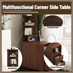 Walnut Corner Tables with Drawers & Open Shelves, Tall & Bedside Nightstands with Charging Station for Living Room & Bedroom