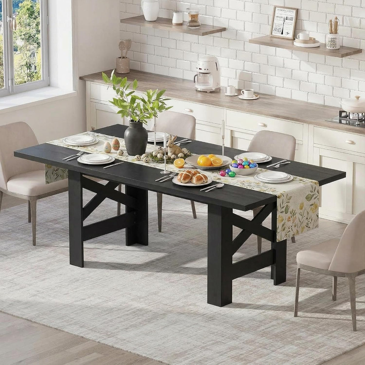 71" Farmhouse Dining Table for 6-8 Person, Large Rectangular Wood Dining Room Table Only, Rock-Strong Thick Base & Heavy Duty Triangular Legs for Kitchen, Office & Restaurant, Black