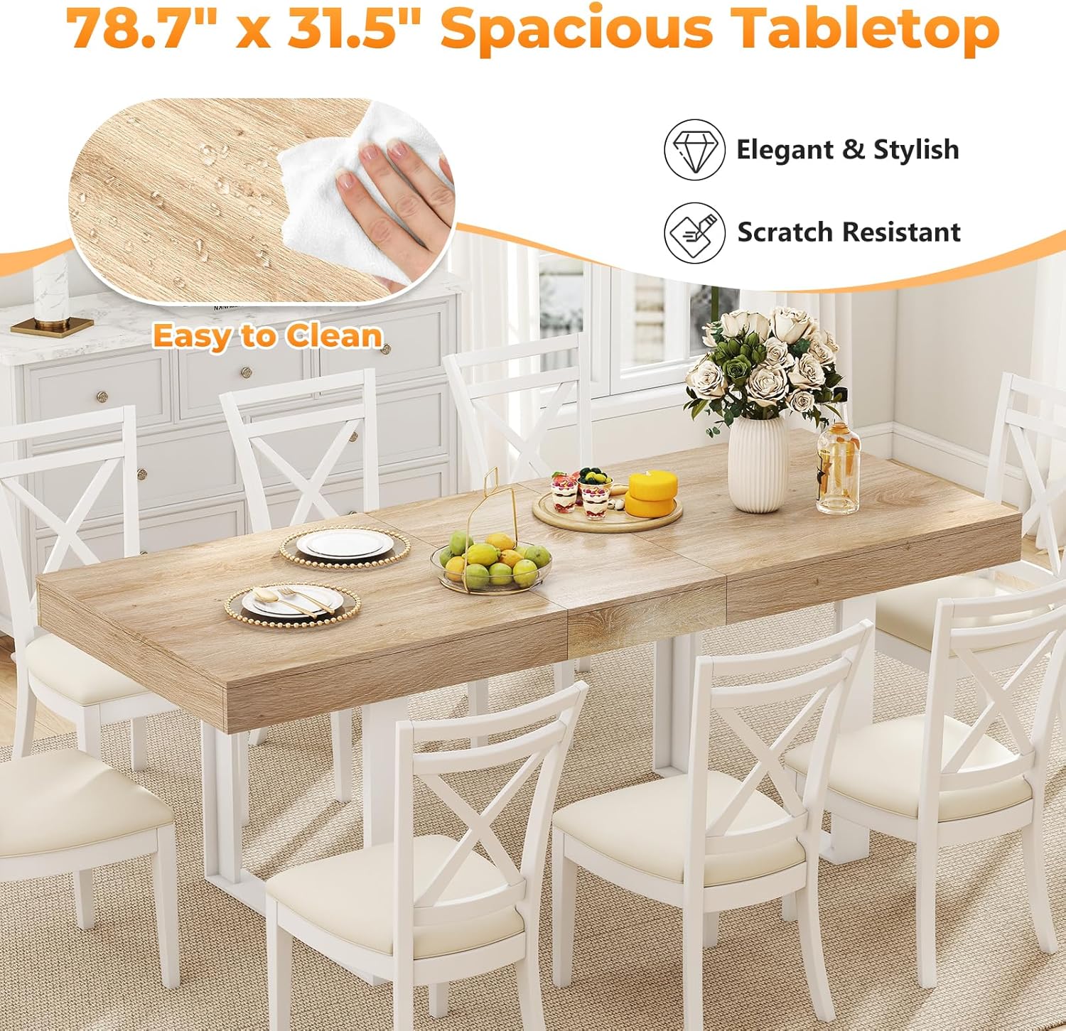 Zevemomo 63"-78.7" Expandable Dining Table, 6-10 Extendable Dining Table, Rectangle Conference Table, Farmhouse Kitchen Table with Slide Track, Tapered U-Shaped Wood Legs for Office, Living Room-Oak