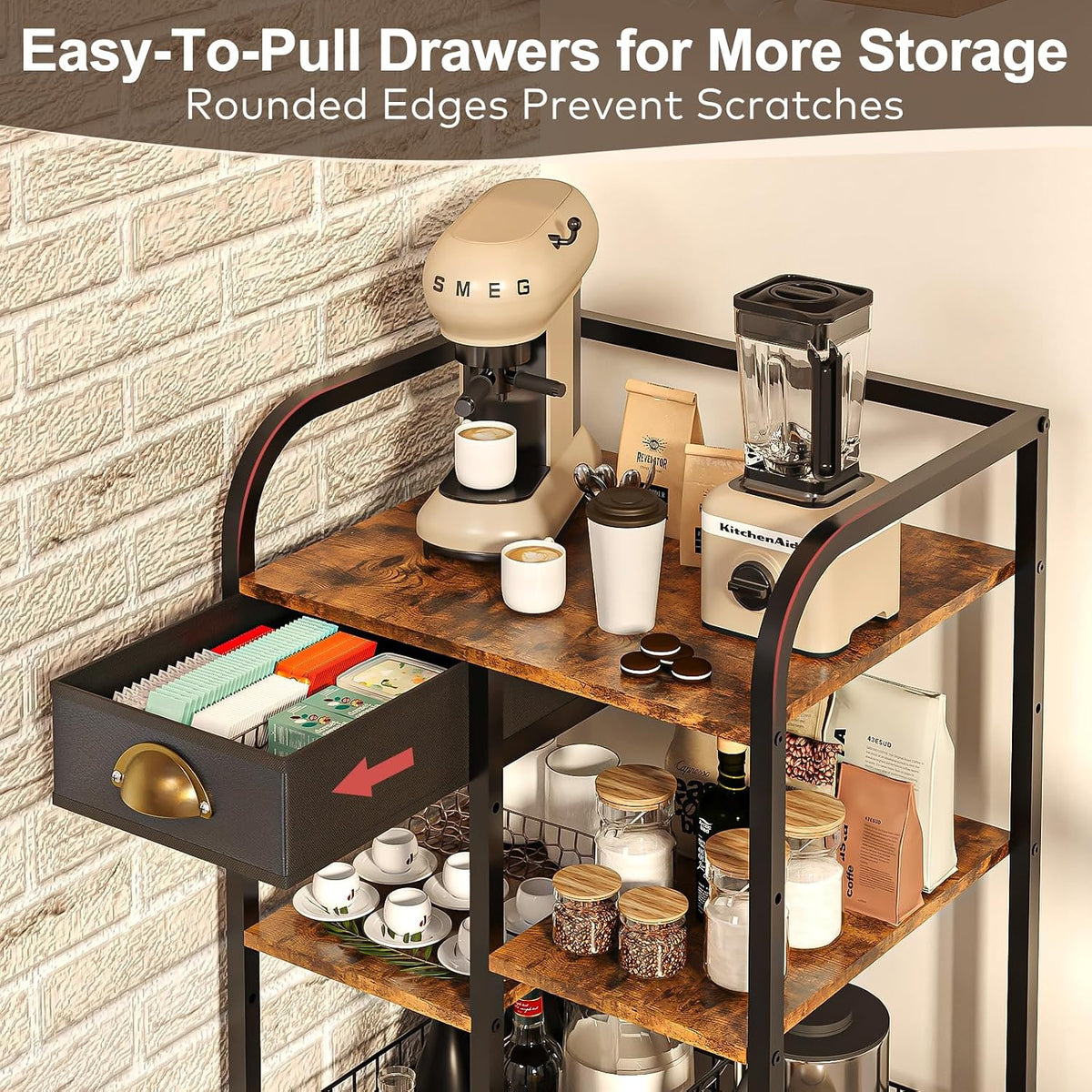 keomaisyto Microwave Cart with Storage, Kitchen Island Cart with Table Top & Drawer, 3 Tier Rolling Utility Cart with Adjustable 2 Storage Shelves, Coffee Bar Shelf for Kitchen/Dining/Living Room