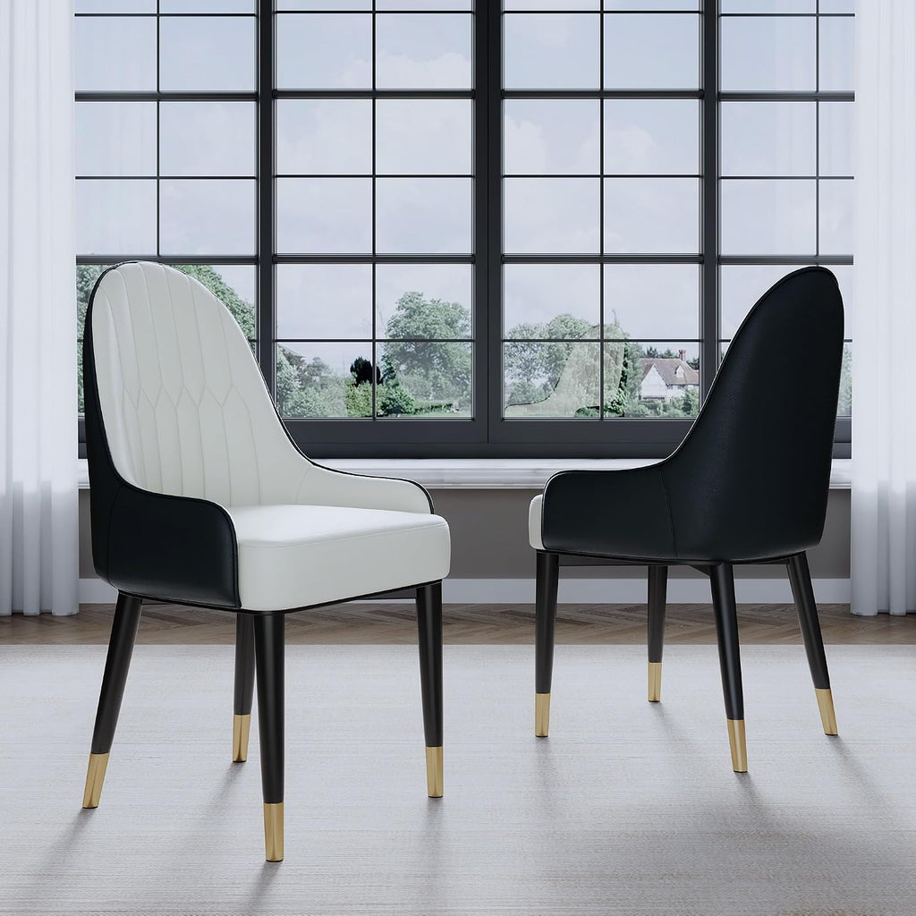 AF ARTISAN FURNITURE Black White Dining Chairs Set of 2 with High Backs Mid Century Modern Kitchen Dining Room Chairs PU Faux Leather Upholstered Large Padded Accent Chair with Legs